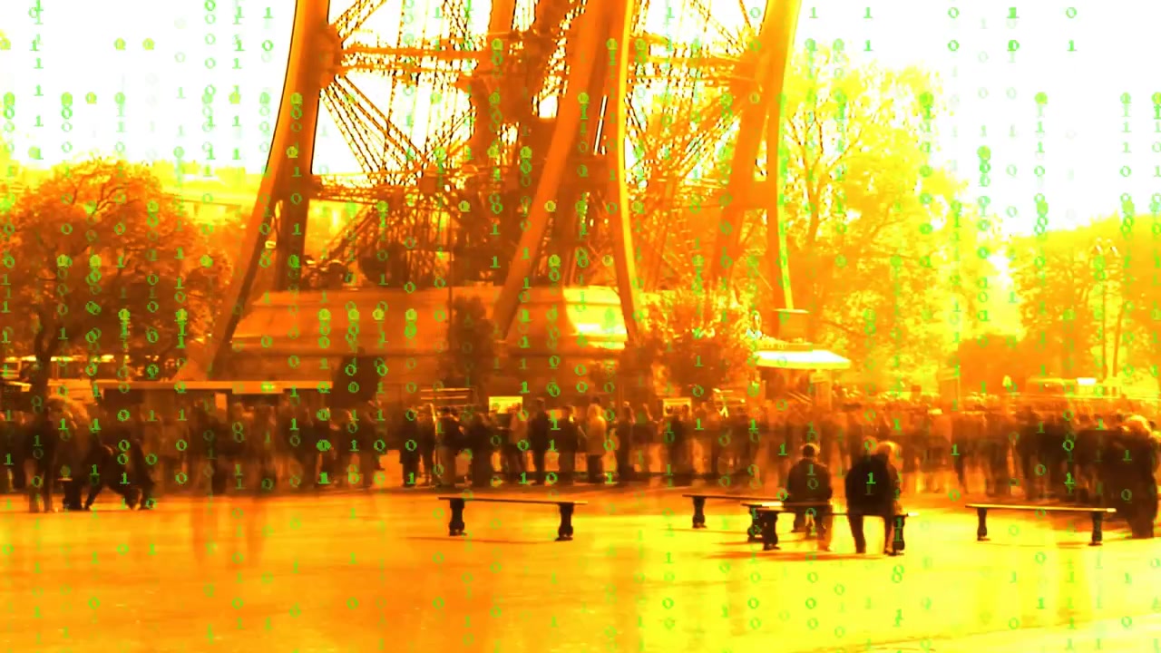 Crowd arriving, expanding, strolling amid scrolling binary code showing data at Eiffel Tower