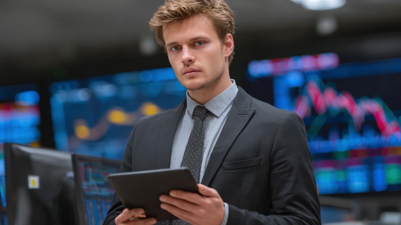 Focused Professional Analyzing Data on Tablet in a High-Tech Office with Financial Graphs in Background: A Portrait of Determination and Insight