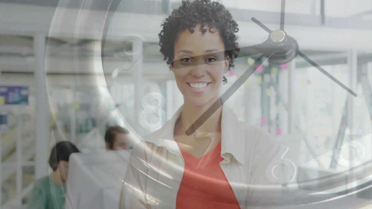Clock hands moving starting woman softening into warm smile, tilting head and showing confidence