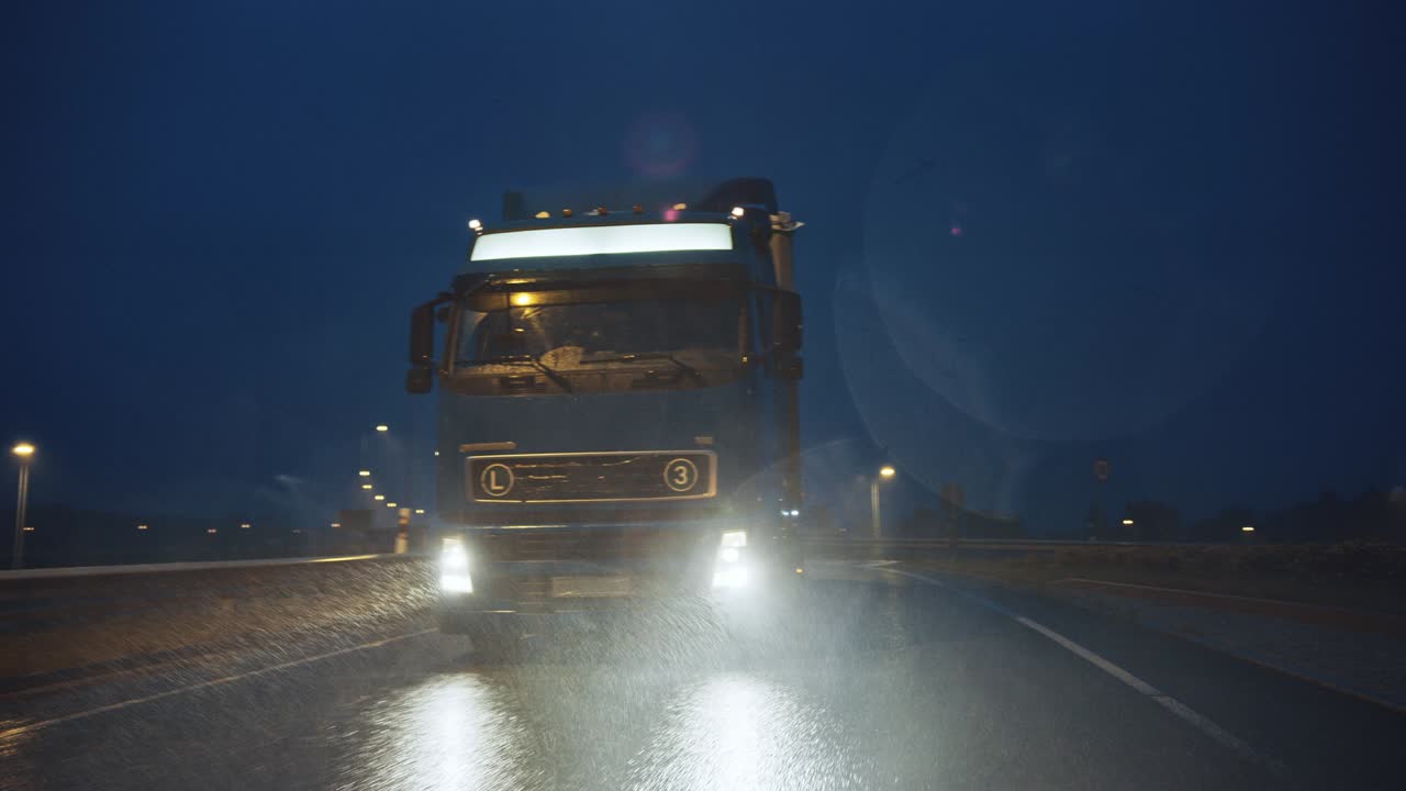 Semirimorchio blu per lunghe distanze con rimorchio carico di merci viaggia di notte sull'autostrada, attraversando il continente sotto la pioggia, la nebbia, la neve. Area di magazzini industriali. Inquadratura frontale in movimento.