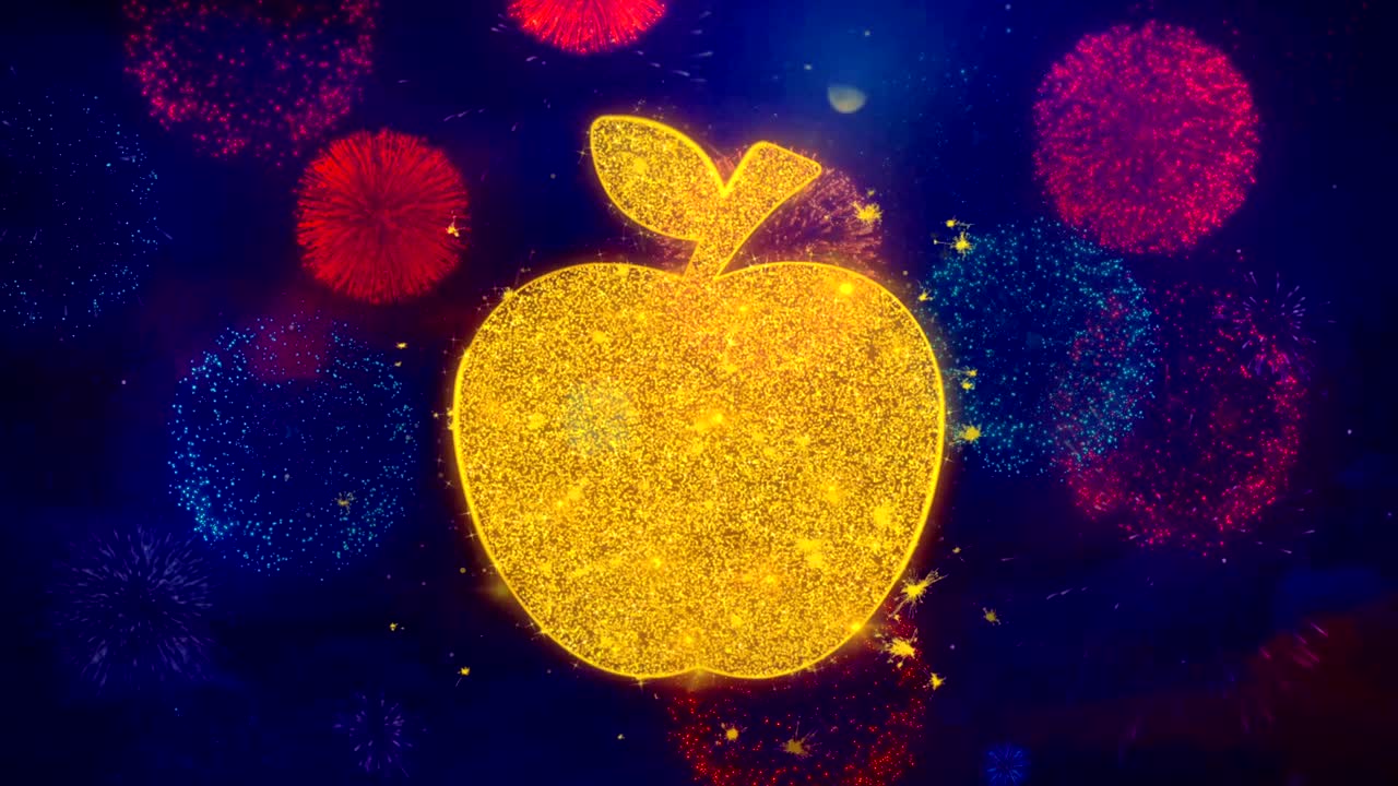사과 아이콘이 다채로운 불꽃놀이 입자에 표시됩니다.