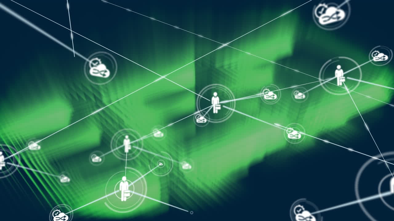 Animazione di rete di icone digitali su scie di luce verdi, su sfondo blu.