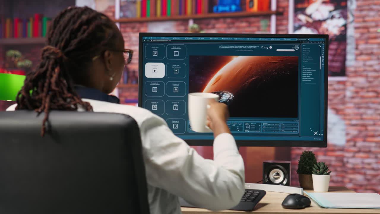 persona en casa resolviendo tareas con un programa de ia convirtiendo el mensaje de texto en videos