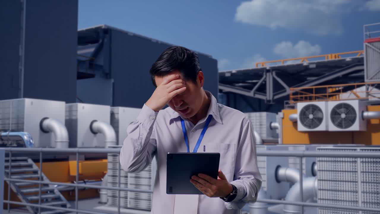 Asian Male Professional Worker Standing With His Tablet, Worker Inspecting Rooftop HVAC Units, He Is Nodding His Head With Dissapionted