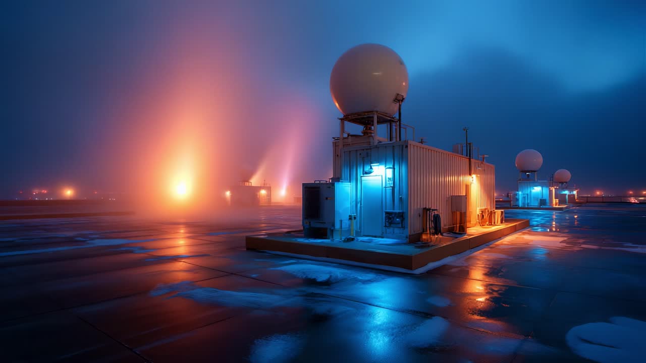 An Atmospheric Scene Featuring Illuminated Structures with Giant Spherical Dishes, Captured During a Foggy Night that Showcases a Blend of Shadows and Soft Glow