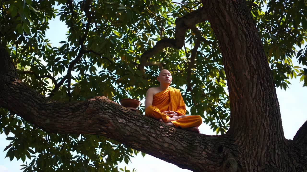 monje meditando en un árbol