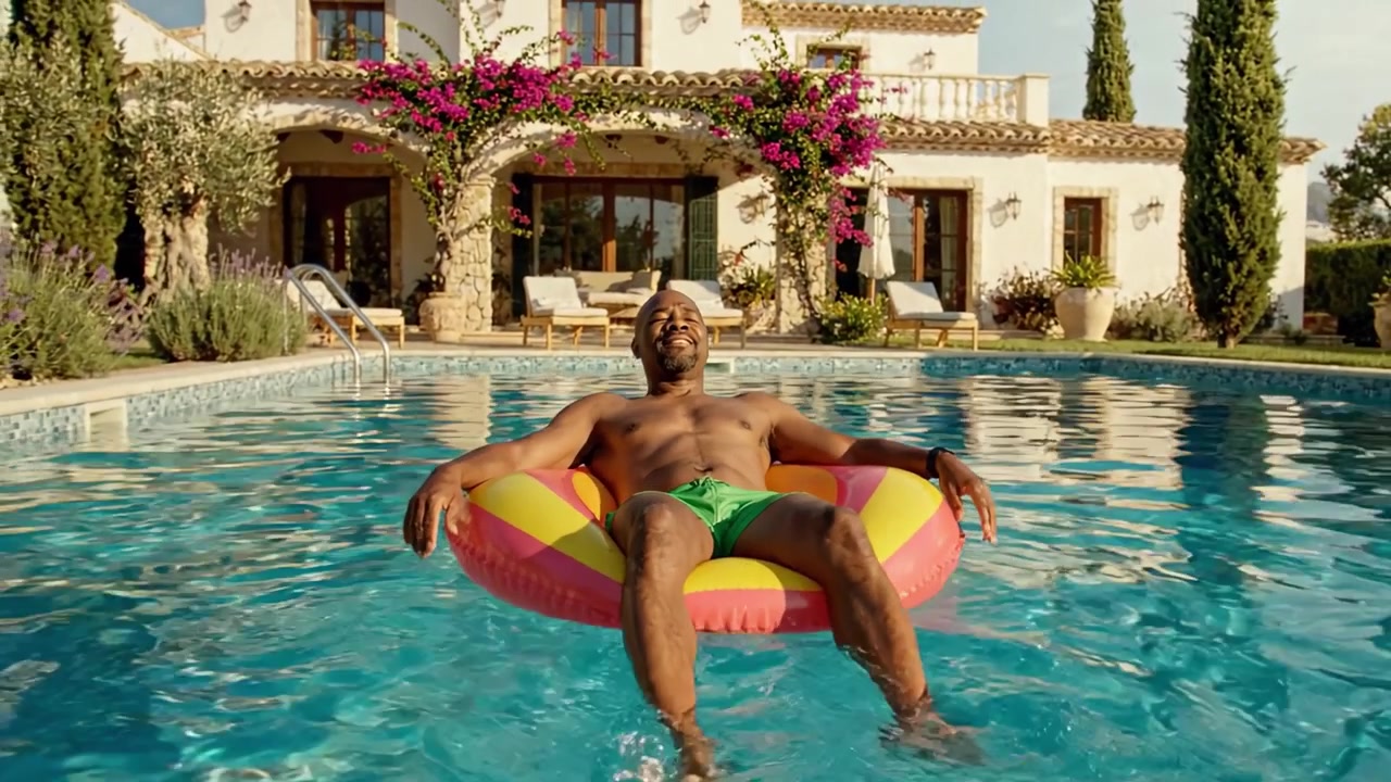 Relaxing by the Pool: Enjoying a Lazy Afternoon on a Colorful Float in a Beautiful Backyard Oasis Surrounded by Lush Plants and Comfortable Seating