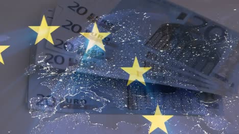 Animación-De-La-Bandera-De-La-Unión-Europea,-Euros-Y-Procesamiento-De-Datos-Financieros