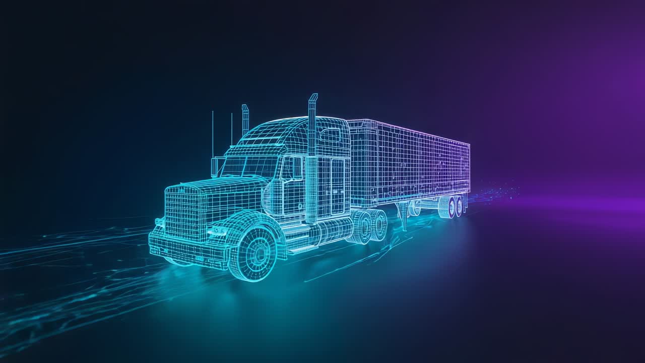 Emerging from left edge, neon wireframe semi-truck moving along neon-lit roadway, glowing trails