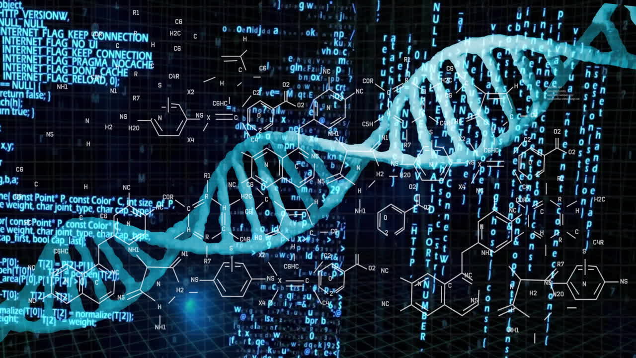 Animation of dna strands and data processing over chemical formula