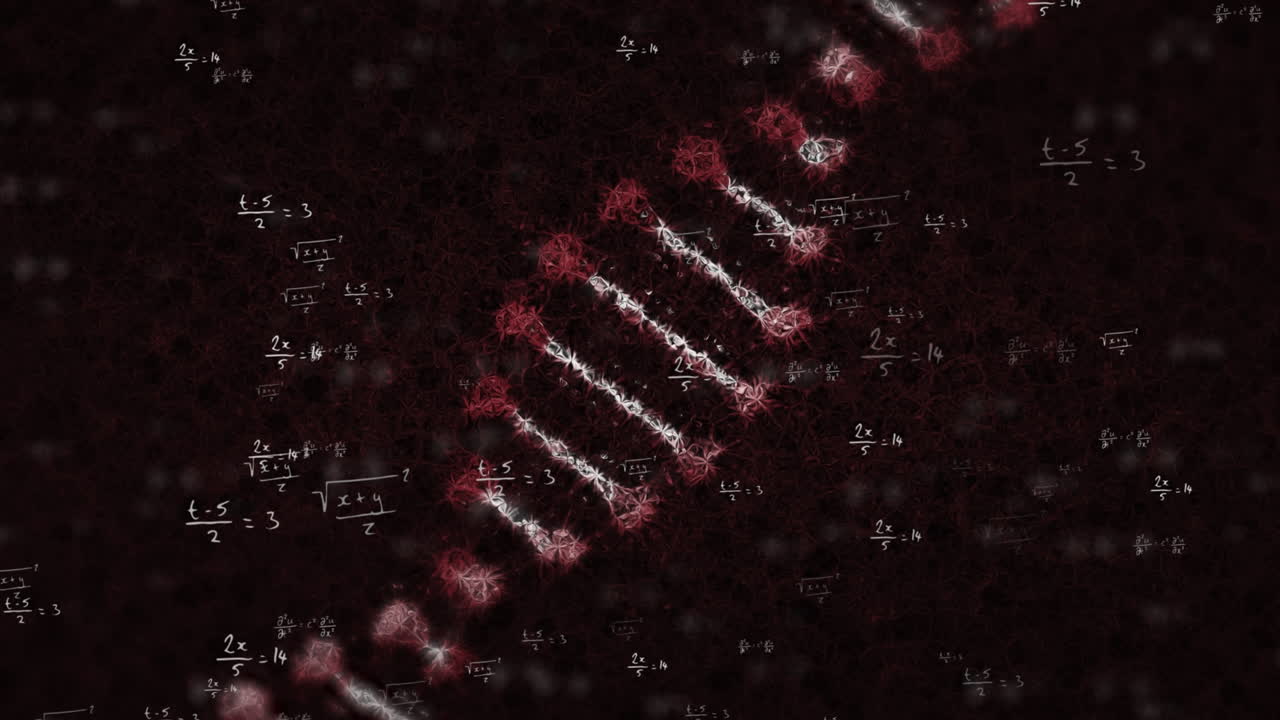 animación de ecuaciones matemáticas y hebra de adn sobre un fondo negro