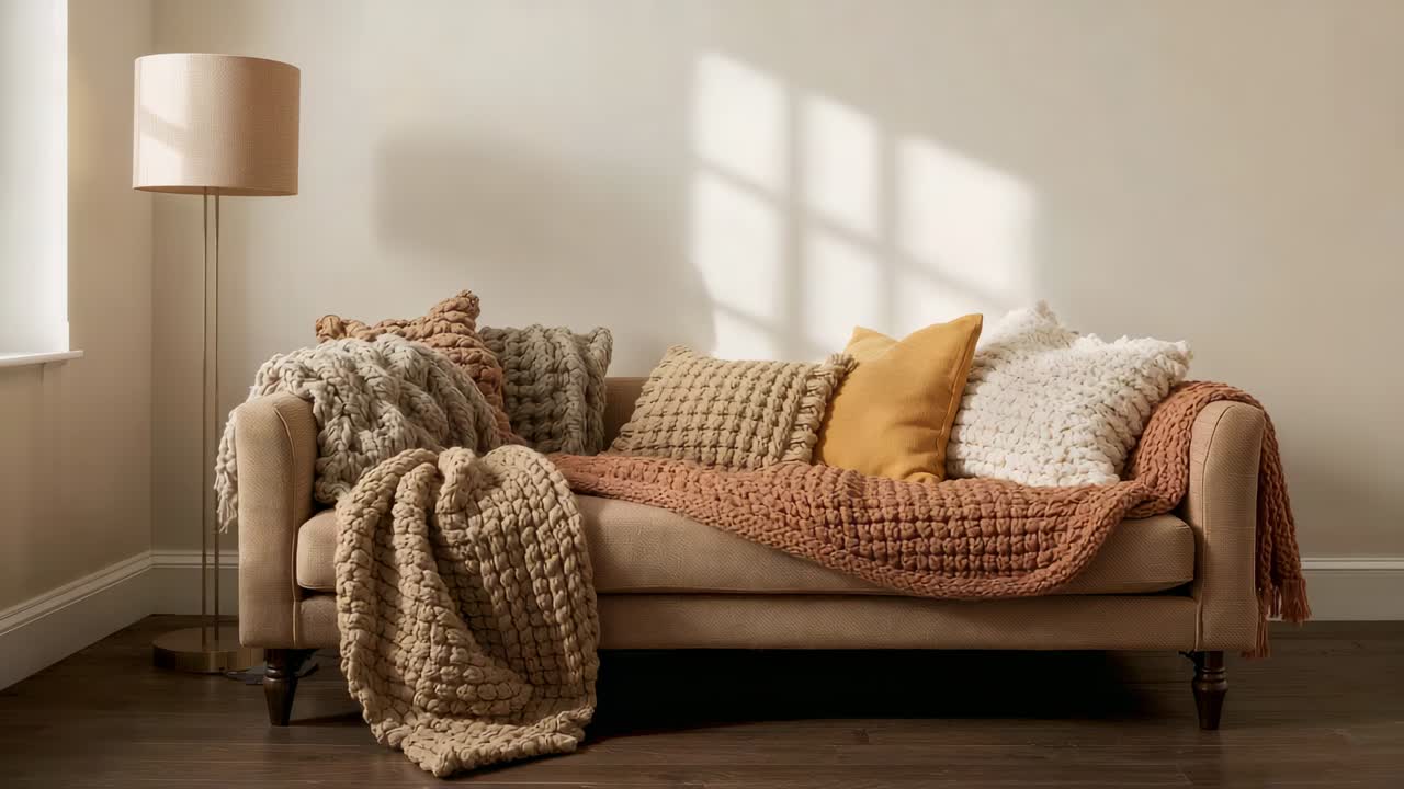 Skiftende sollys gennem vinduet kaster skygge fra flere ruder over en beige sofa i et hjørne, med plaider.
