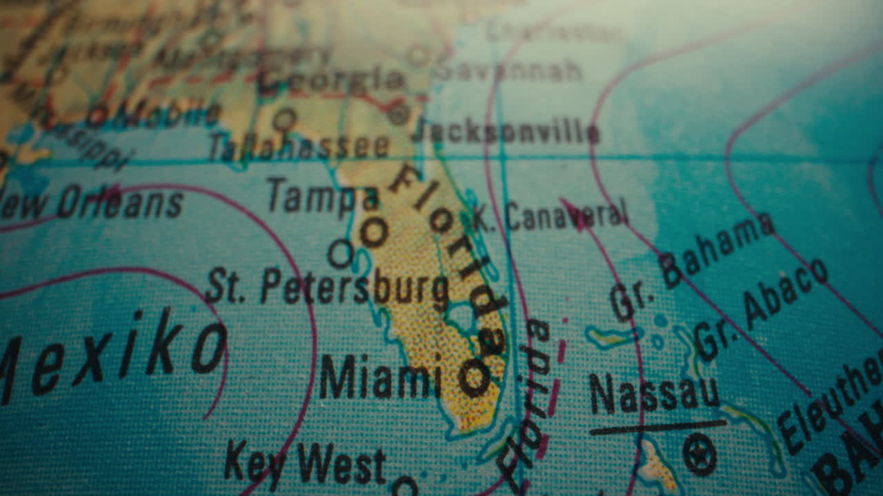 Close-up of a World Map Focusing on Florida