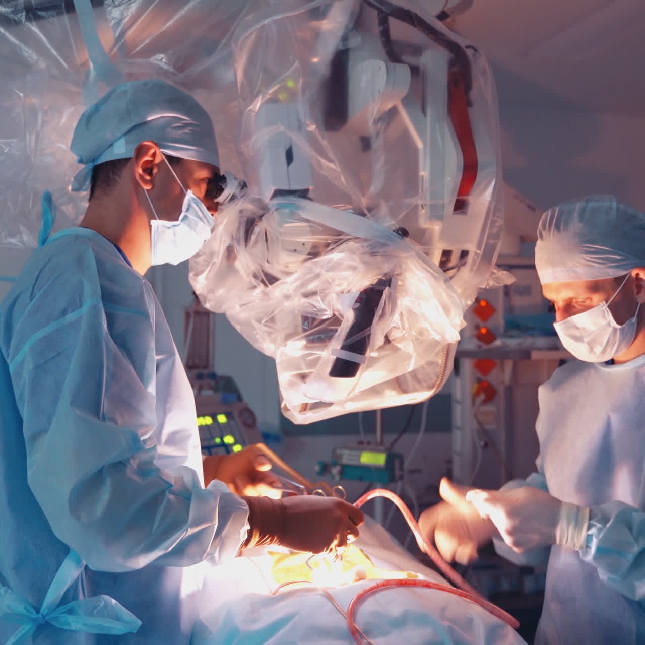 Group of doctors perform an operation to a patient. Surgeons in medical uniform and masks working in the operating room. Neurosurgery.