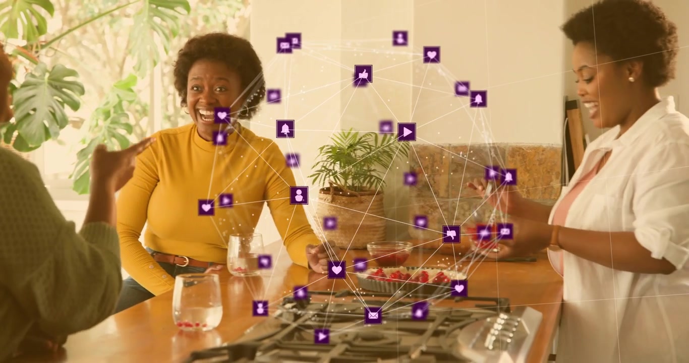 Mustard woman gesturing generating purple tech icons as peers scooping berries into tart pan