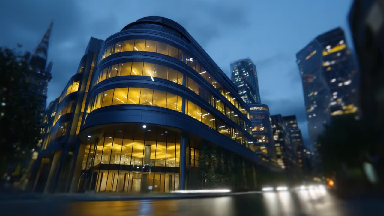 A arquitetura moderna iluminada à noite exibe uma fachada de vidro elegante e um ambiente urbano, combinando inovação com a vida da cidade em um design atraente.