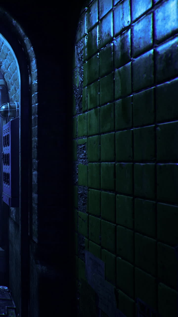 Corredor estreito com azulejos verdes e telefone antigo à noite.