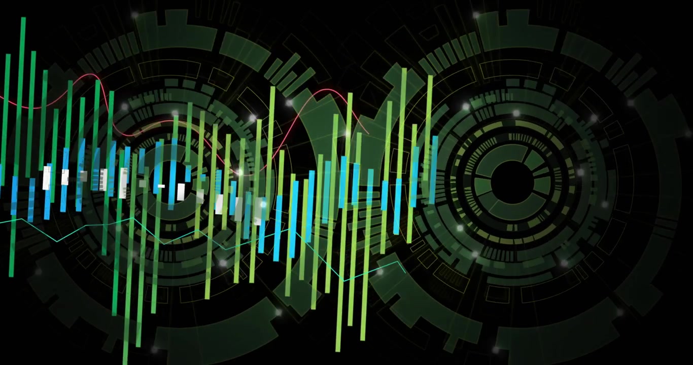 vertical bars appearing from left circle, rising into color waveform visualizing audio across HUDs