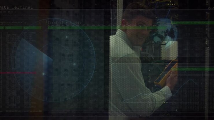 Animation af digital databehandling over kaukasisk mandlig serverrumsarbejder