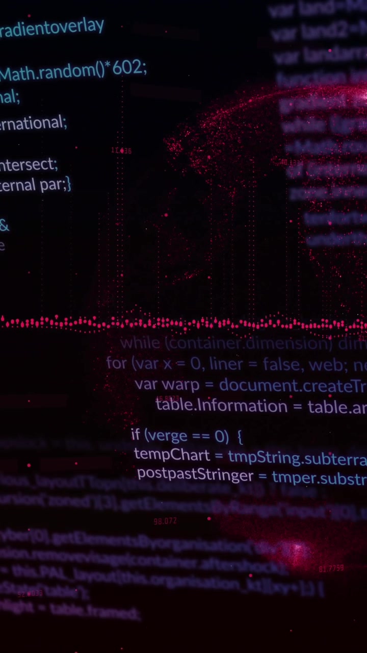 Animation of computer language, graphs, globe and changing numbers over black background