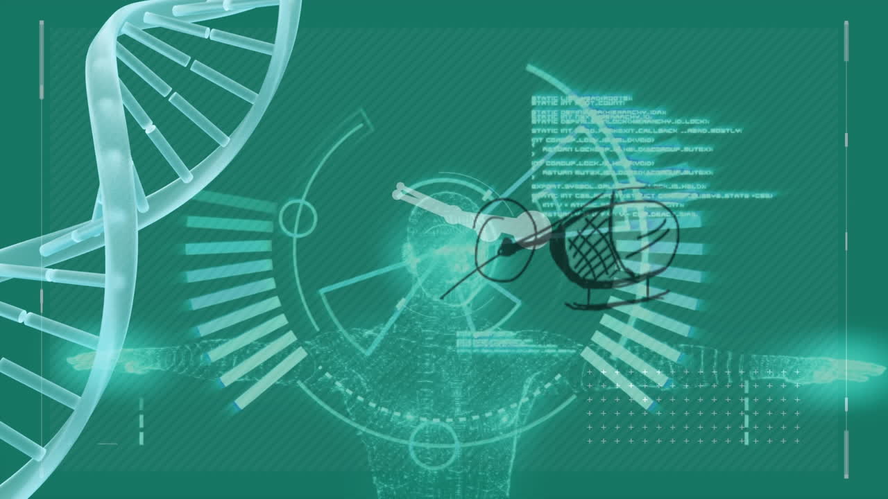 animación de escaneo de alcance sobre modelo humano digital y procesamiento de datos en fondo verde