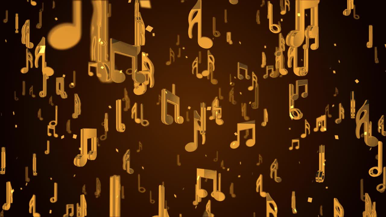 Moving through musical note symbols with golden color seamless on black for event projection audio