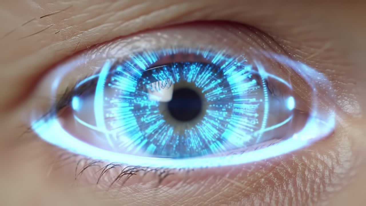 The close-up captures an eye with a vibrant blue glow radiating from the iris, demonstrating advanced technology and creativity in visual design, emphasizing futuristic elements in sight enhancement.