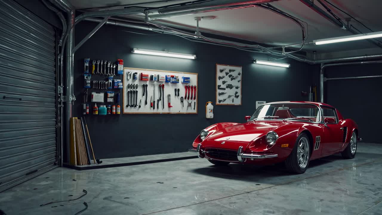 A vintage red sports car in a dimly lit garage, shot from a low angle
