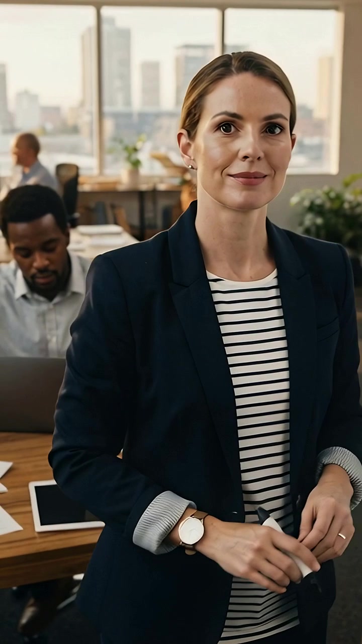 Vídeo vertical: Apresentadora de blazer a iniciar, marcando um painel de vidro num escritório partilhado e a guiar a equipa.