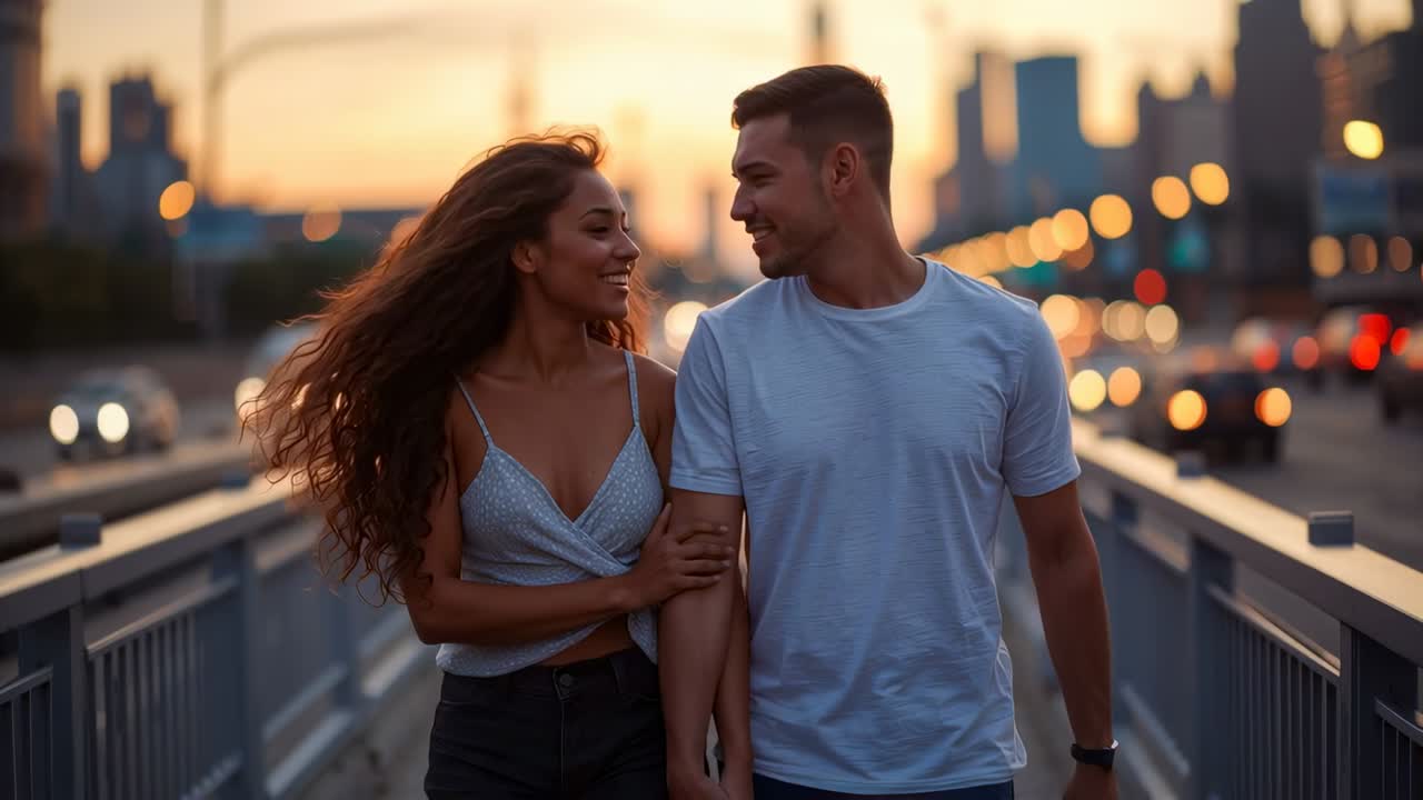 Casal caminhando ao pôr do sol, trocando olhares e de mãos dadas com carinho em uma ponte, blusa de alcinhas, camiseta branca