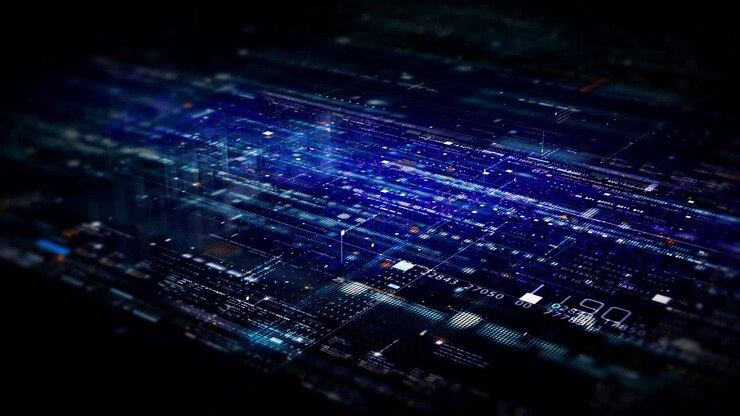 Matrice di dati astratta futuristica sfocata, meta, metaverso, telemetria e visualizzazione di numeri crittografati con simulazione di particelle in un ambiente cibernetico per sfondo di head-up display