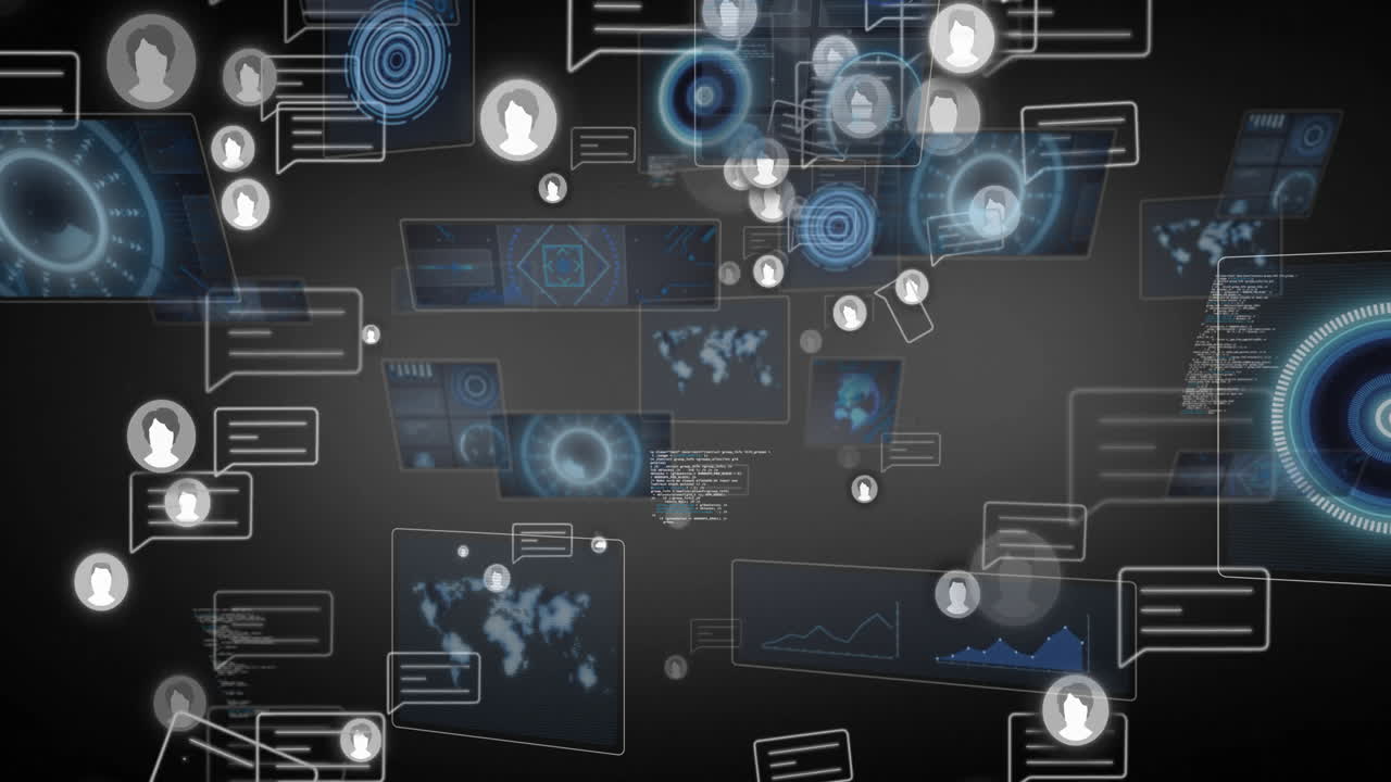 Animation of digital communication icons with data charts over dark background