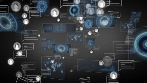 animation of digital communication icons with data charts over dark background