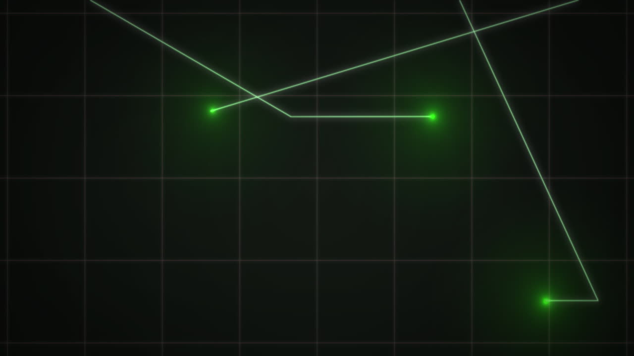 검은 바탕에 그리드에서 움직이는 빛의 흔적과 함께 빛나는 녹색 점의 애니메이션