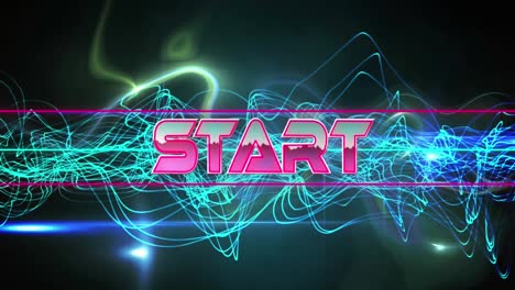 Animation-of-start-text-banner-over-blue-glowing-digital-wave-and-light-trails-on-black-background