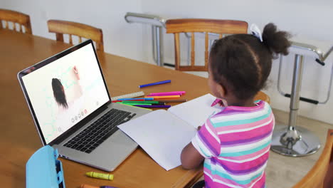 chica afroamericana haciendo la tarea mientras hace una videollamada en una computadora portátil en casa