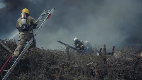 firefighters in action on a farm in flames in chile