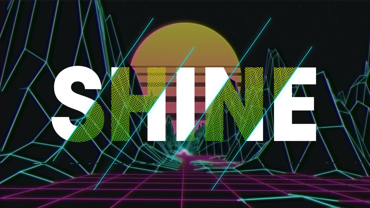 해가 지고  ⁇ 색과 보라색 격자 위에  ⁇ 색과 노란색 텍스트로 빛나는 애니메이션