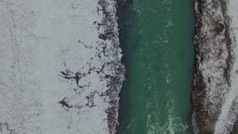 iceland in winter snowy river overhead scroll to the right overhead drone 4k