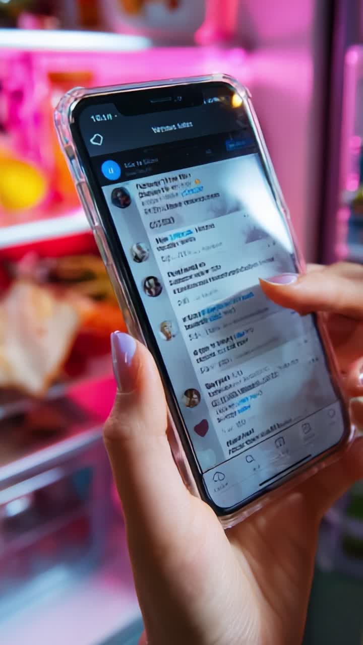 A Close-Up View of a Smartphone Displaying Social Media Interactions with a Colorful Refrigerator Background, Capturing the Blend of Technology and Daily Life Moments in Modern Communication