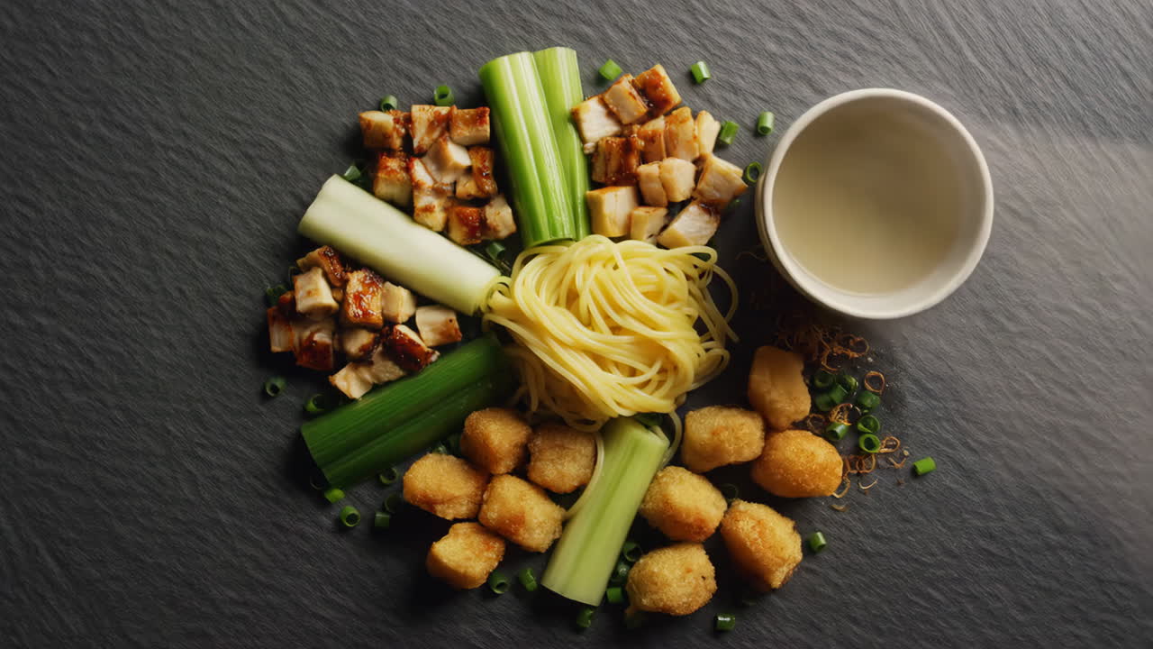 Gourmet Asian Food Arrangement with Eel, Noodles, and Celery on a Dark Surface