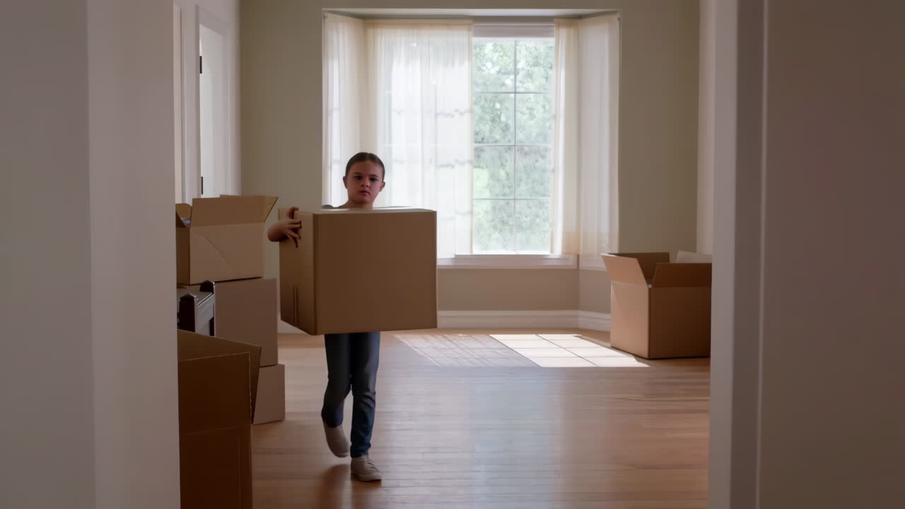 Young girl carrying a large moving box in an empty room
