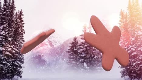 Animation-of-christmas-gingerbread-cookies-over-snowflakes-falling-and-winter-scenery