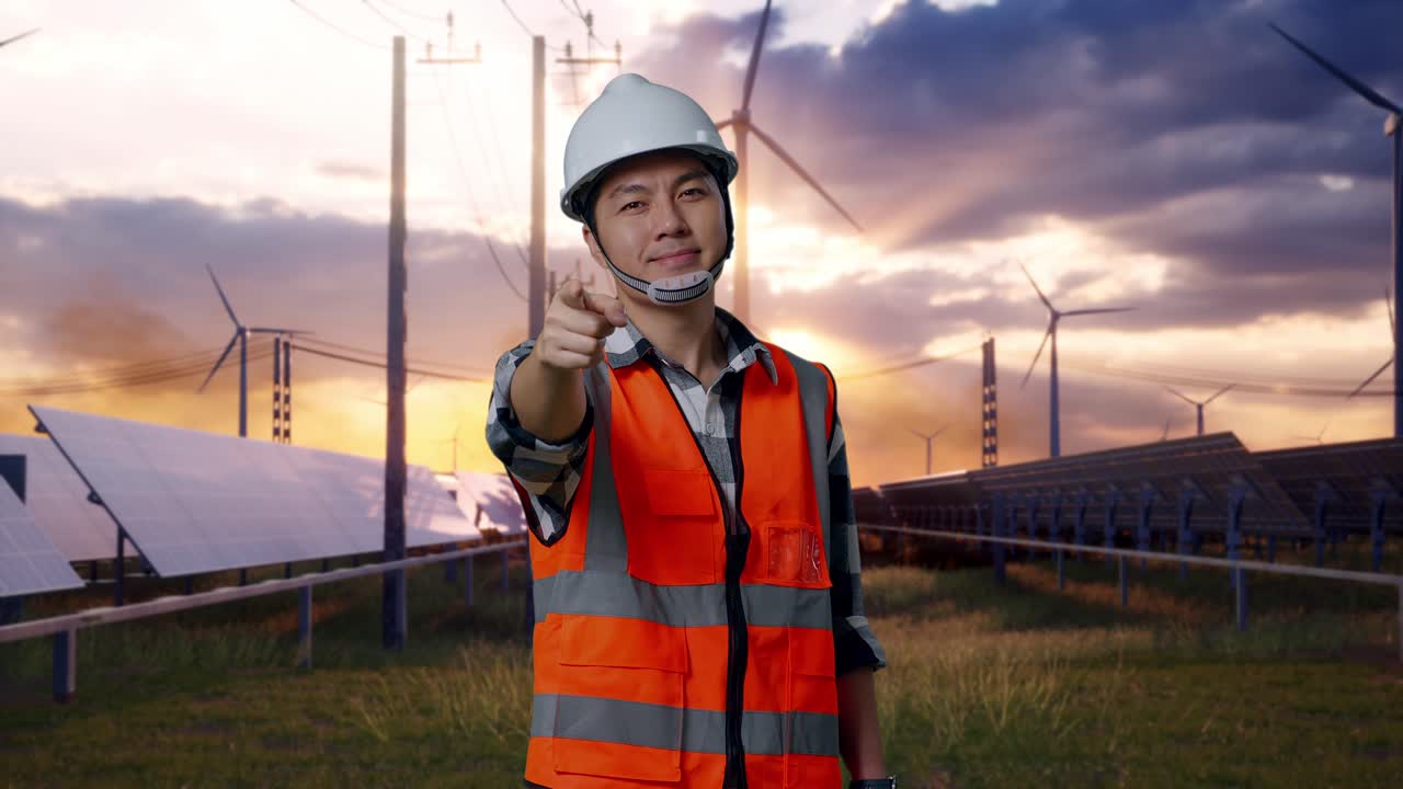 Asian Male Engineer With Safety Helmet Smiling And Touching His Chest Then Pointing At You While Standing With Solar Panel and Wind Turbines