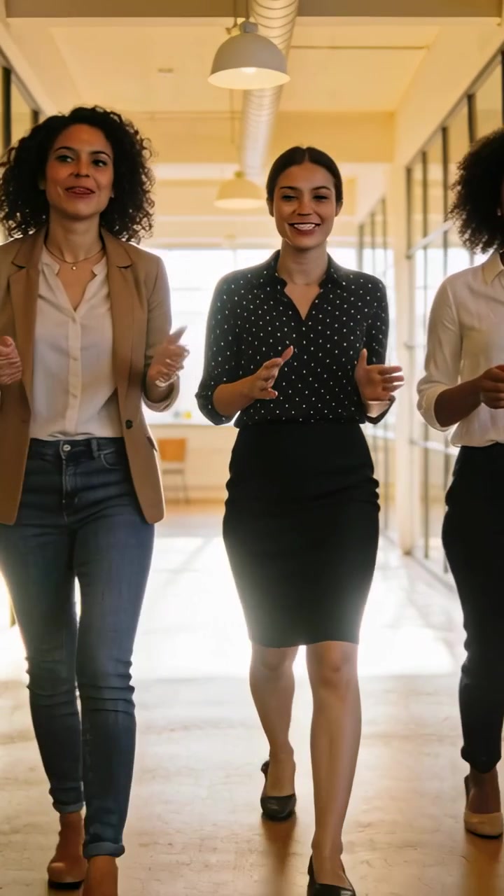 Vídeo vertical: Três mulheres entrando e caminhando para frente discutindo trabalho perto de divisórias de vidro, usando blazers