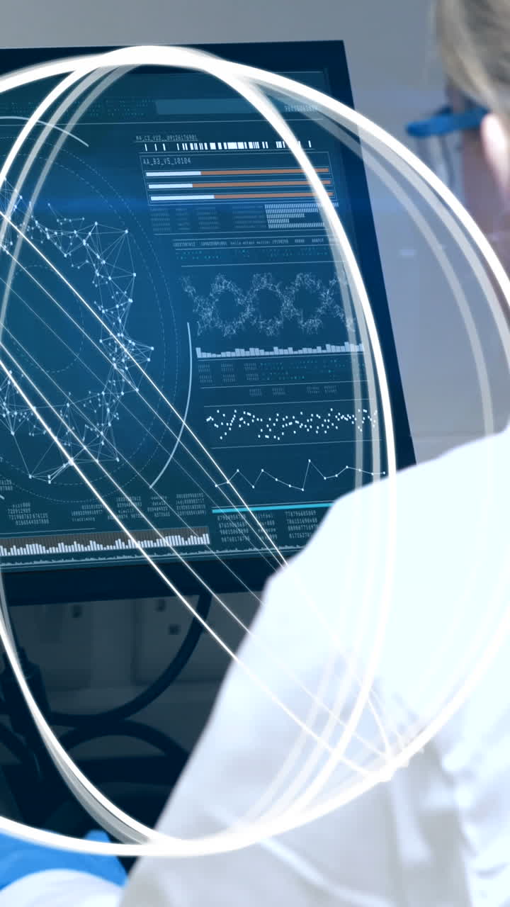 animación de círculos que giran sobre una científica usando una computadora