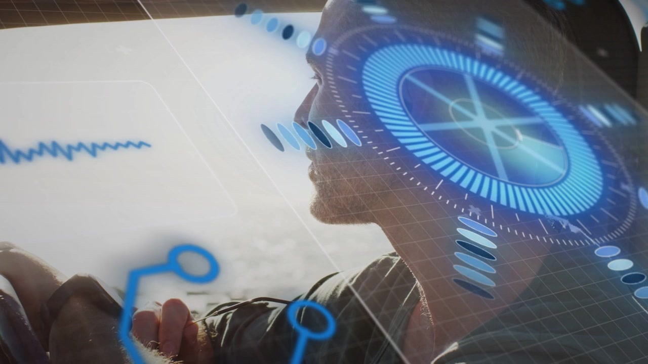 Man adjusting frames looking sea, grid wave emerging, HUD crossing head visualizing tech data
