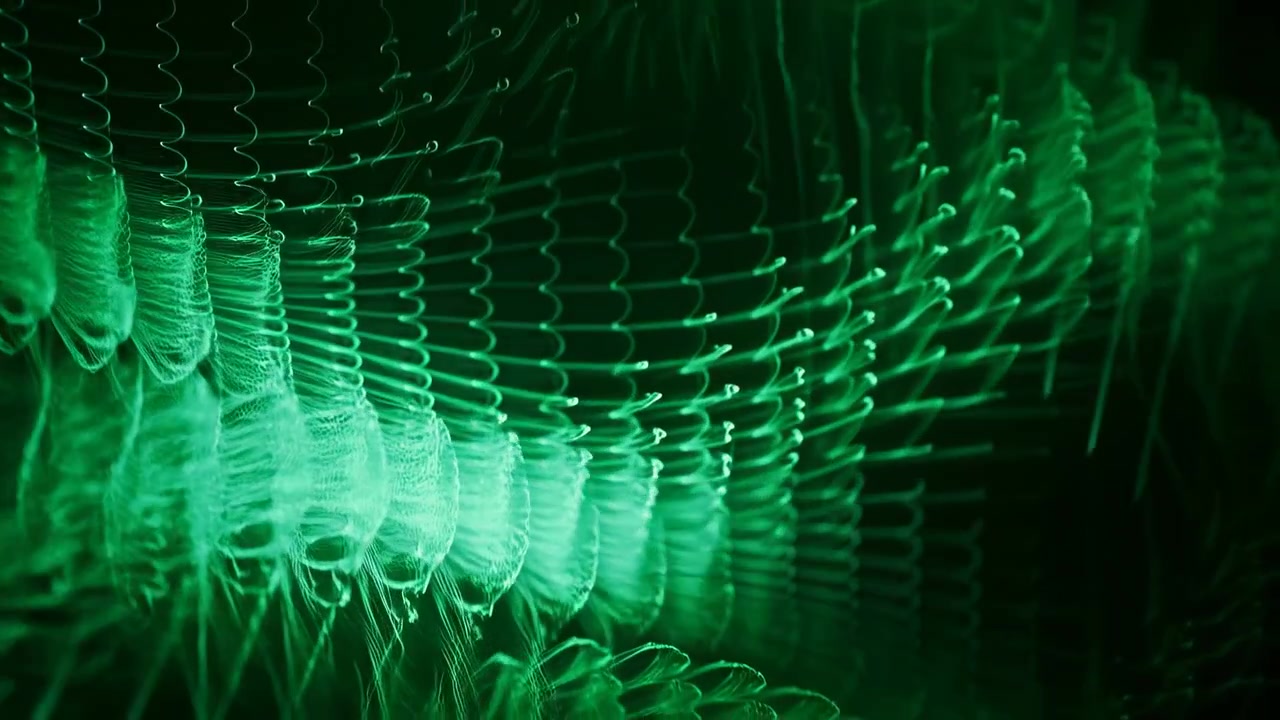 Bright neon green light streaks flow across black space, forming layered curves, vertical lines, blurred bands, and luminous depth that suggest digital energy, data flow, and modern tech atmosphere