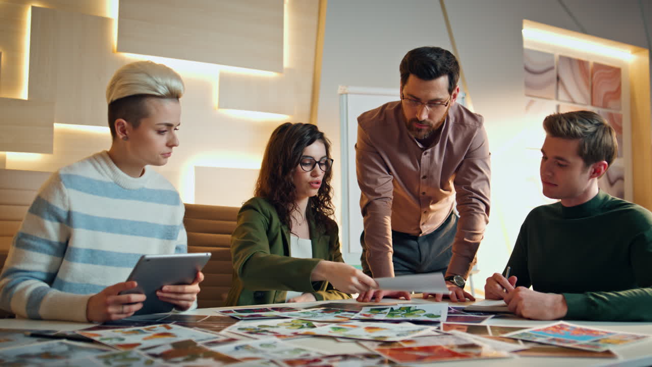 그룹 디자이너가 협력하는 사무실 회의실, 팀이 프로젝트를 논의하는