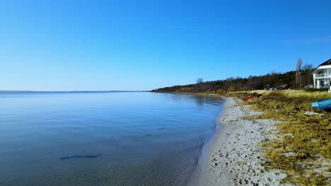 Peaceful-Coast-In-Kuznica-Poland-In-A-Sunny-Day---aerial-shot